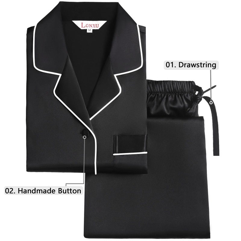 Lonxu Womens Silk Satin Pajamas Set Sleepwear Loungewear Black M - Image 4